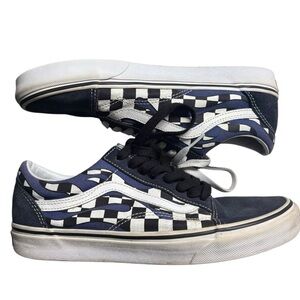 VANS Checker Flame Old Skool Classic Mens Canvas Suede Navy White Size 8.5M 10W